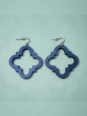 Navy Blue Quatrefoil Wooden Dangle Earrings